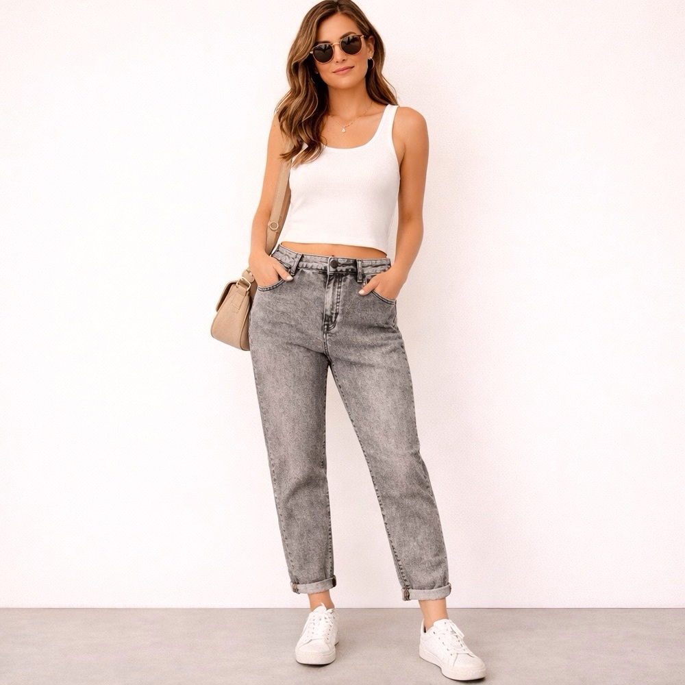 LOGO 10 Lori Goldstein Boyfriend Jeans Gray Acid Wash Mid Rise Stretch Tapered